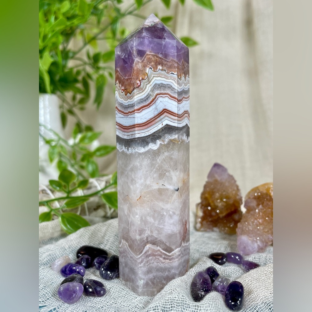 2263 Purple Amethyst and Crazy Lace Agate Crystal Tower